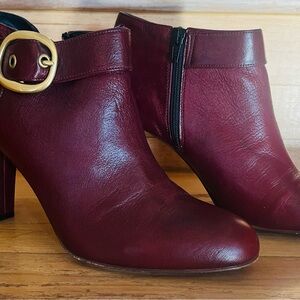 Coach Burgundy Ankle Booties with Gold Buckle